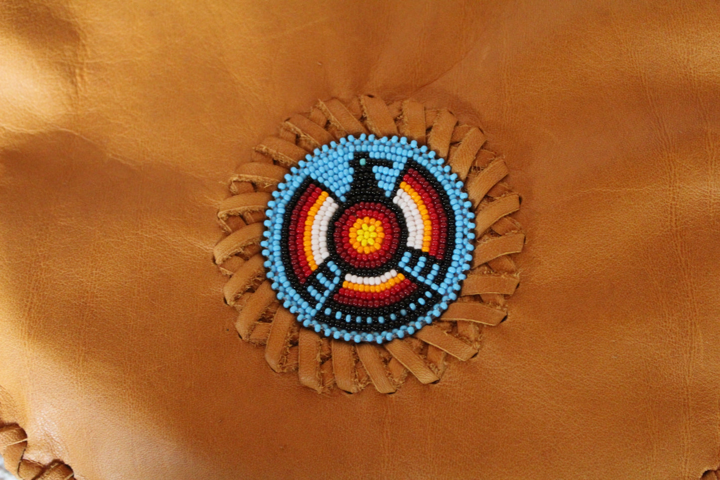 Beaded leather tote, beaded Thunderbird totem handbag