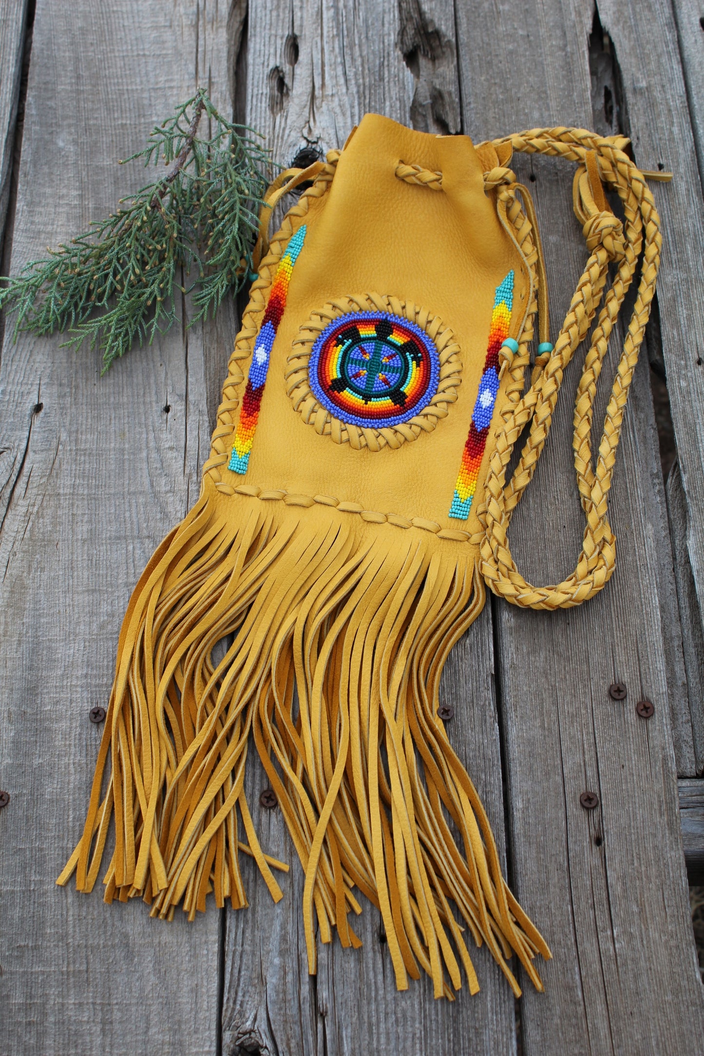 Fringed leather beaded bag, deadhead bag, rainbow bag
