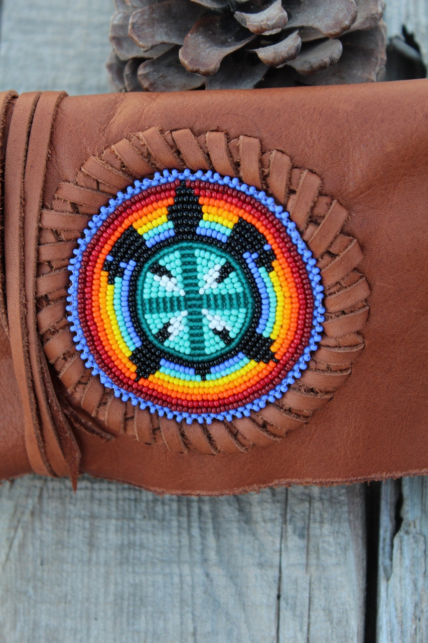 Beaded turtle totem clutch, beaded leather clutch