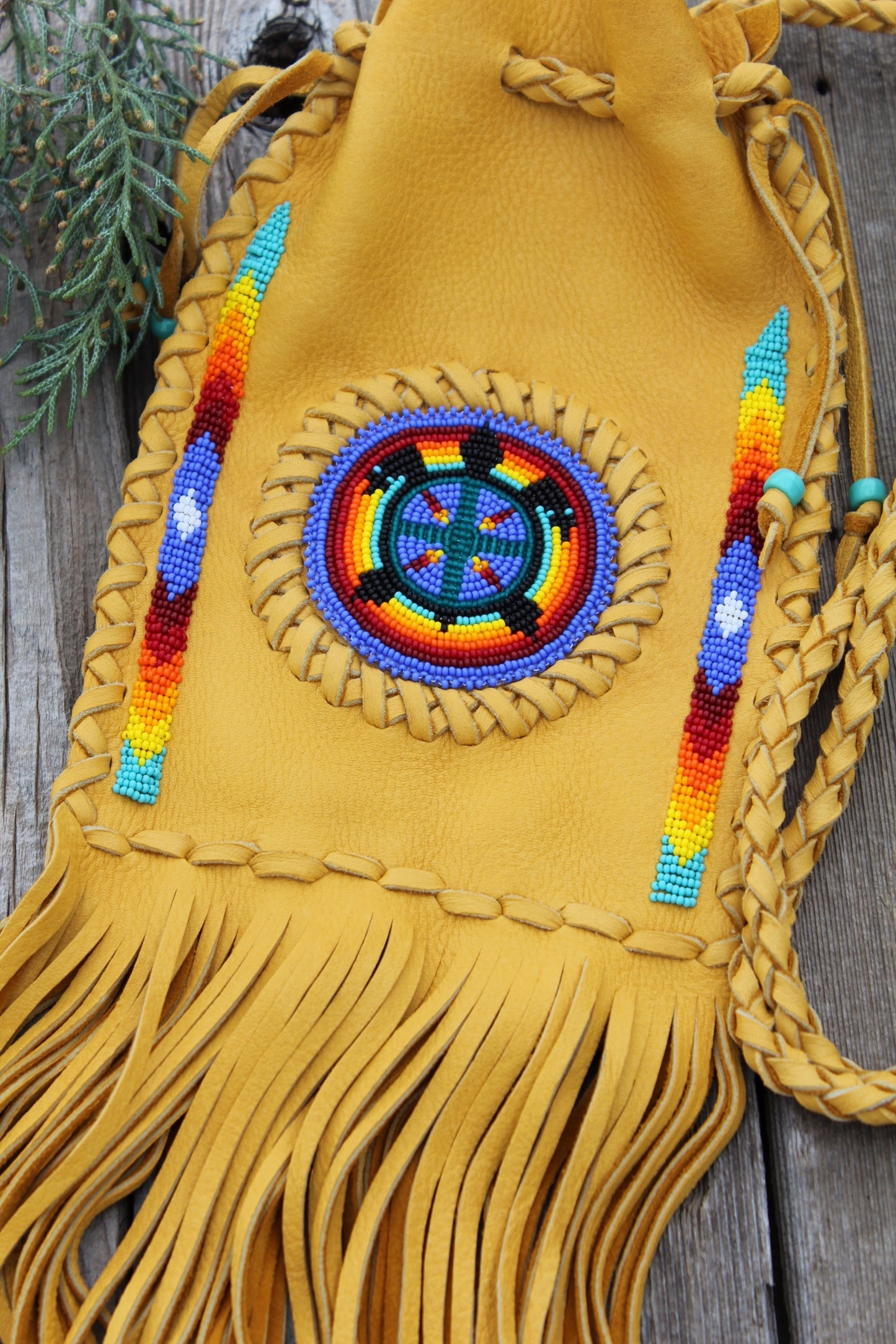 Fringed leather beaded bag, deadhead bag, rainbow bag
