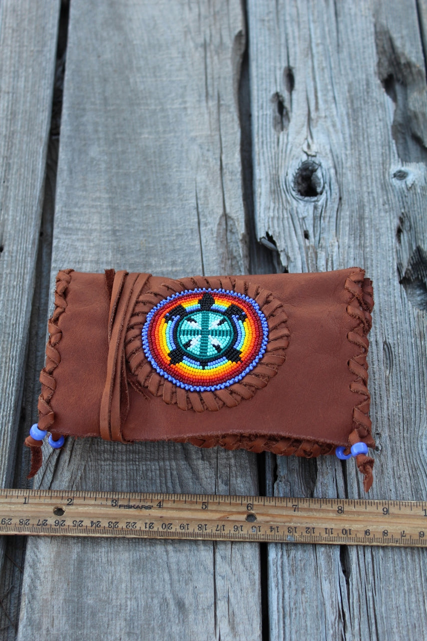 Beaded turtle totem clutch, beaded leather clutch