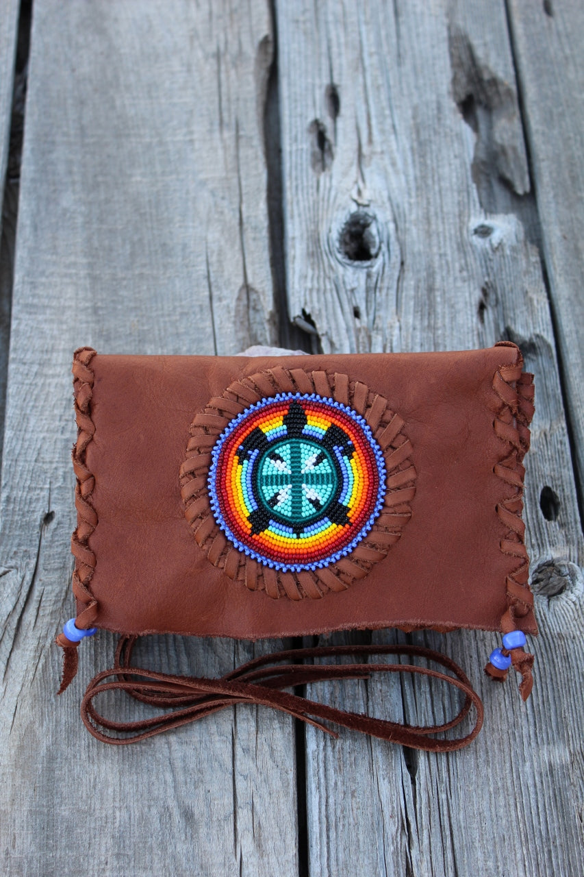 Beaded turtle totem clutch, beaded leather clutch