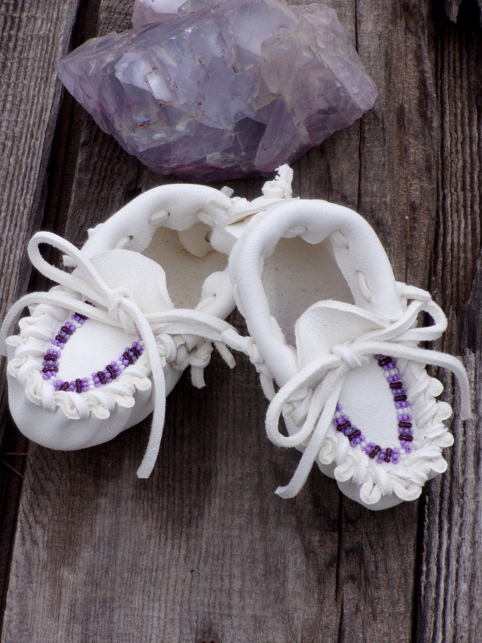 Beaded baby moccasins, white buckskin moccasins