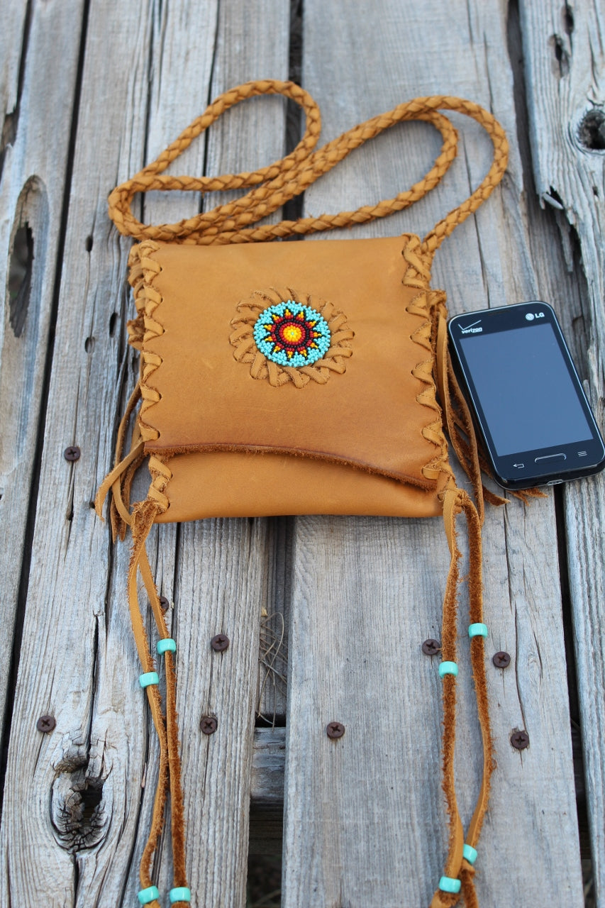 Beaded leather handbag, crossbody purse