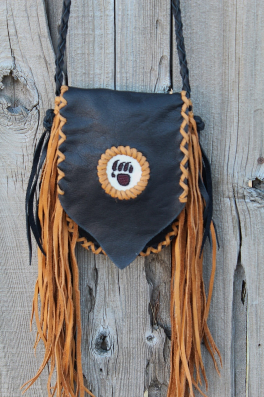 Fringed beaded bear paw leather bag, small leather bag