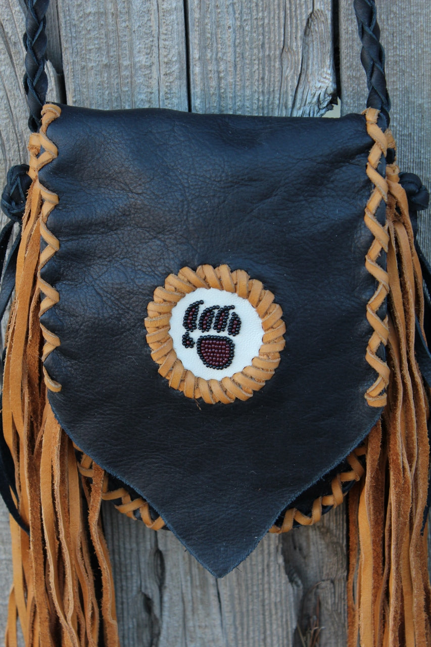 Fringed beaded bear paw leather bag, small leather bag