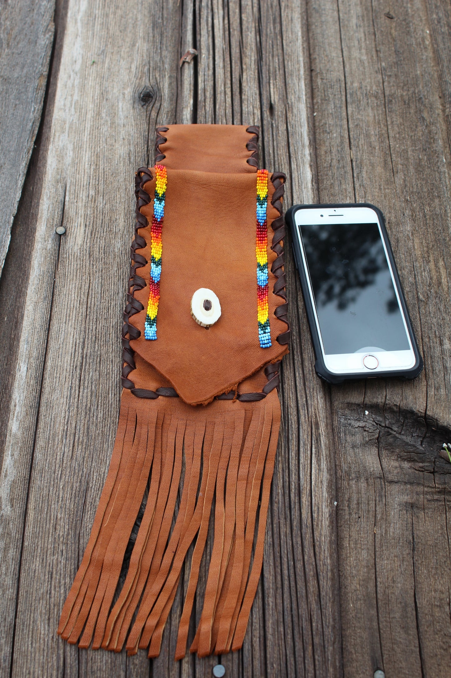 Beaded leather hip bag, phone bag , leather hip bag