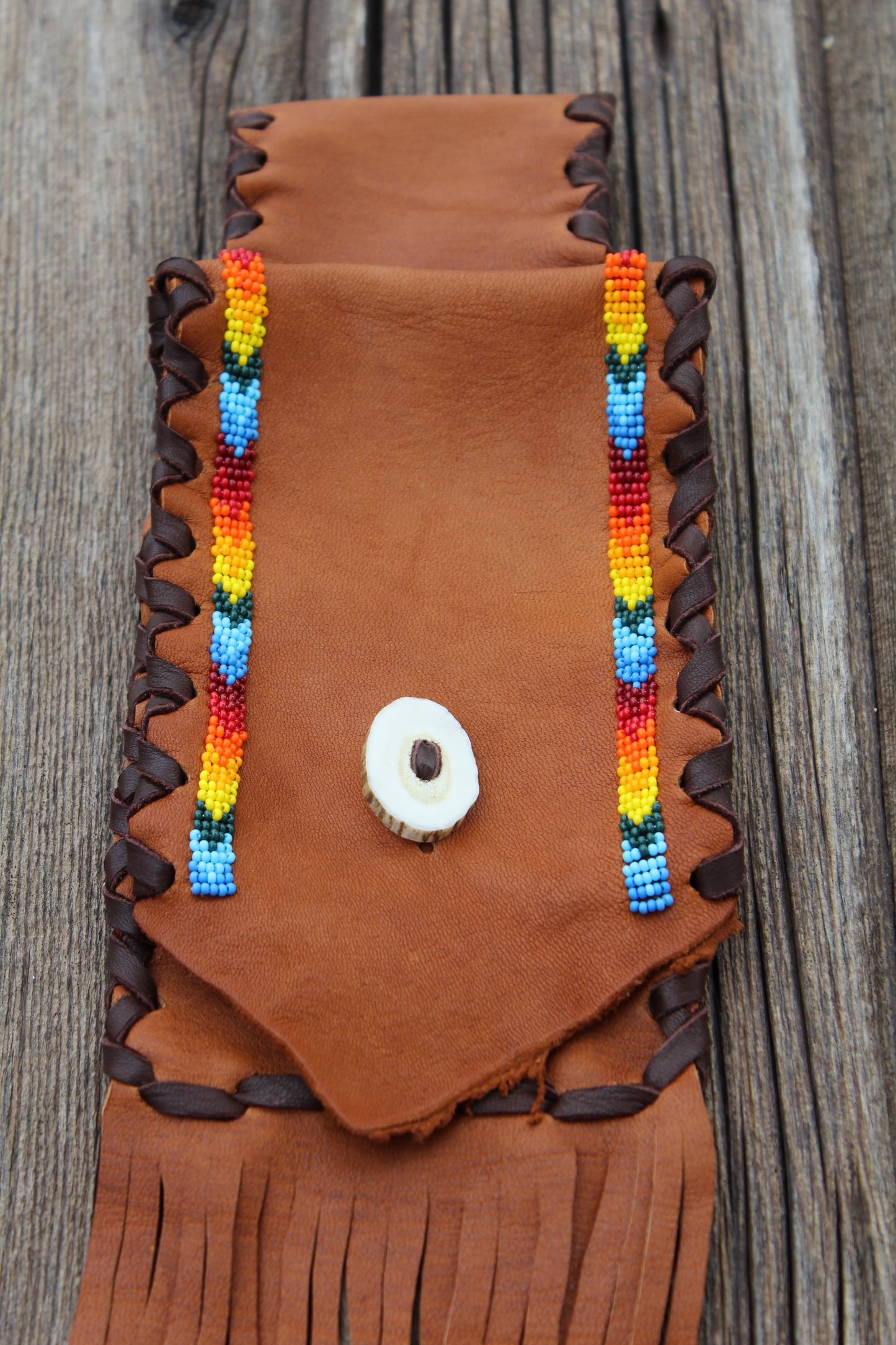 Beaded leather hip bag, phone bag , leather hip bag