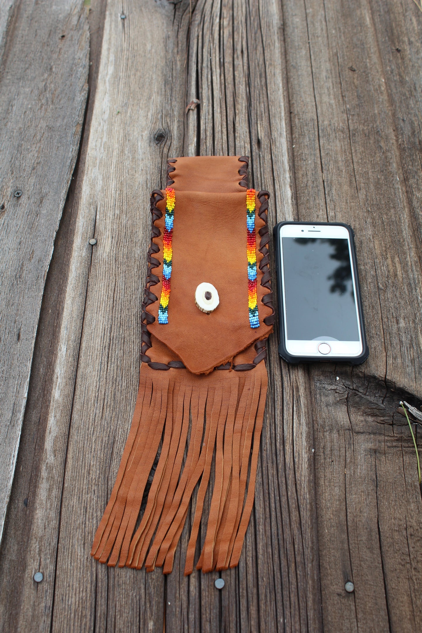 Beaded leather hip bag, phone bag , leather hip bag