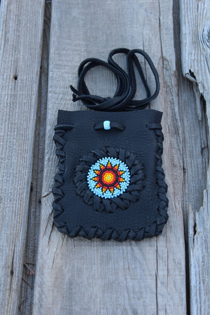 Black leather beaded medicine bag, amulet necklace bag