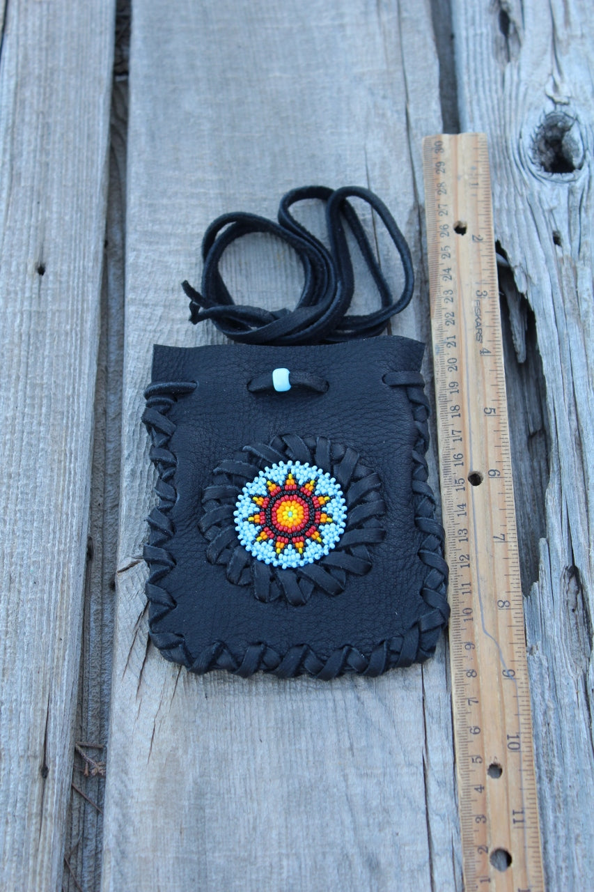 Black leather beaded medicine bag, amulet necklace bag