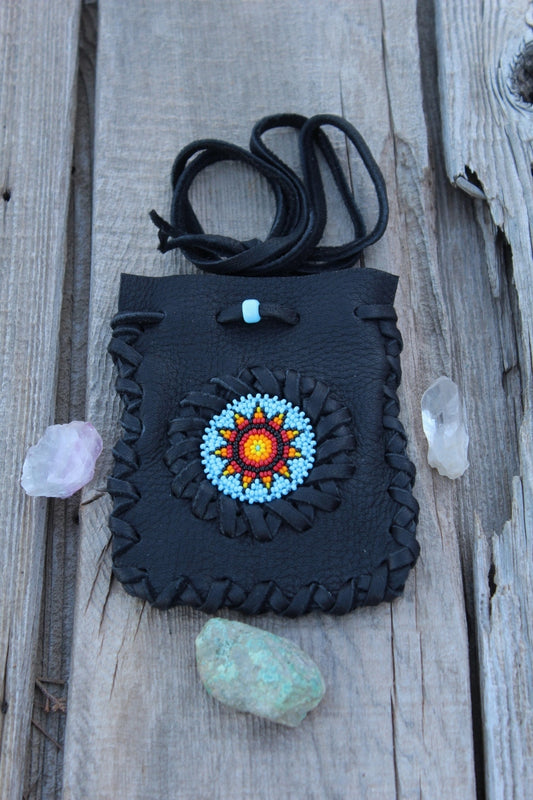 Black leather beaded medicine bag, amulet necklace bag