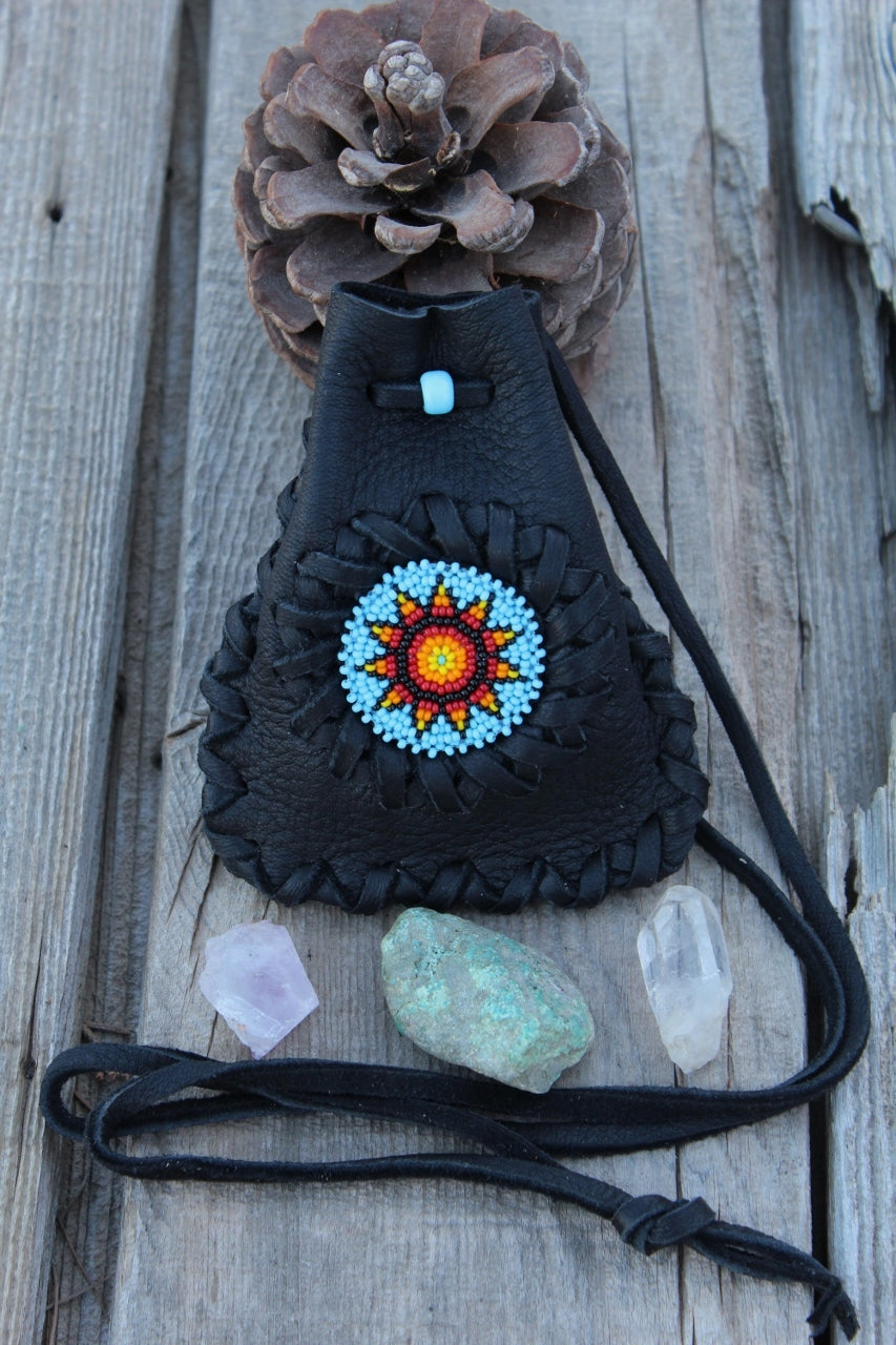 Black leather beaded medicine bag, amulet necklace bag