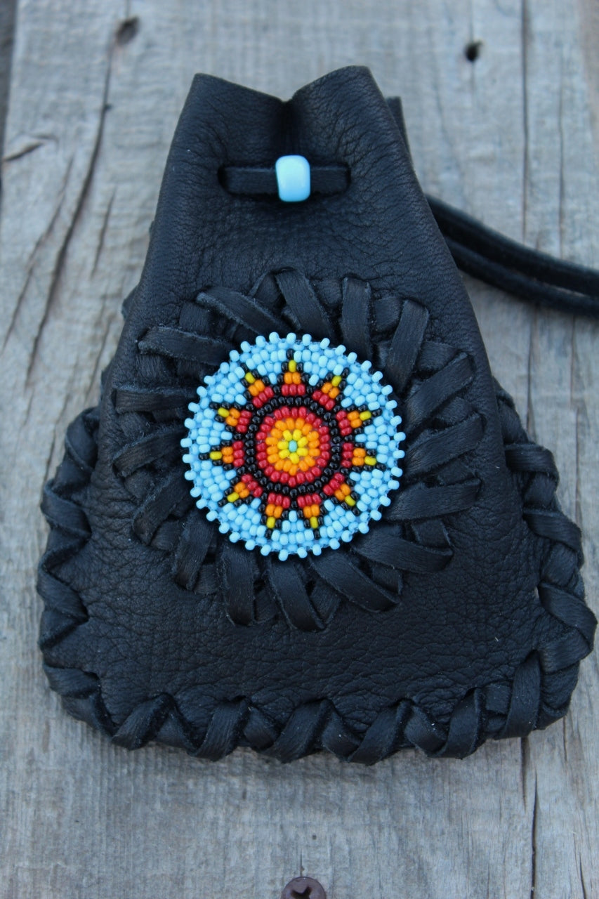 Black leather beaded medicine bag, amulet necklace bag