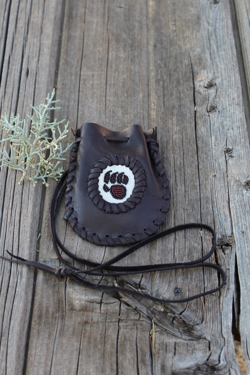 Leather medicine bag, beaded bear paw bag