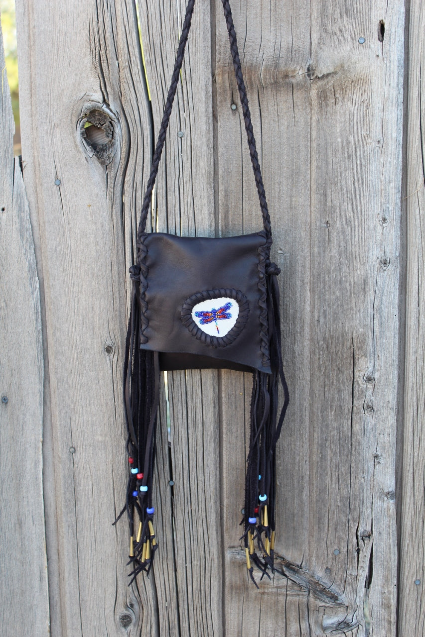 Beaded dragonfly bag, leather phone bag