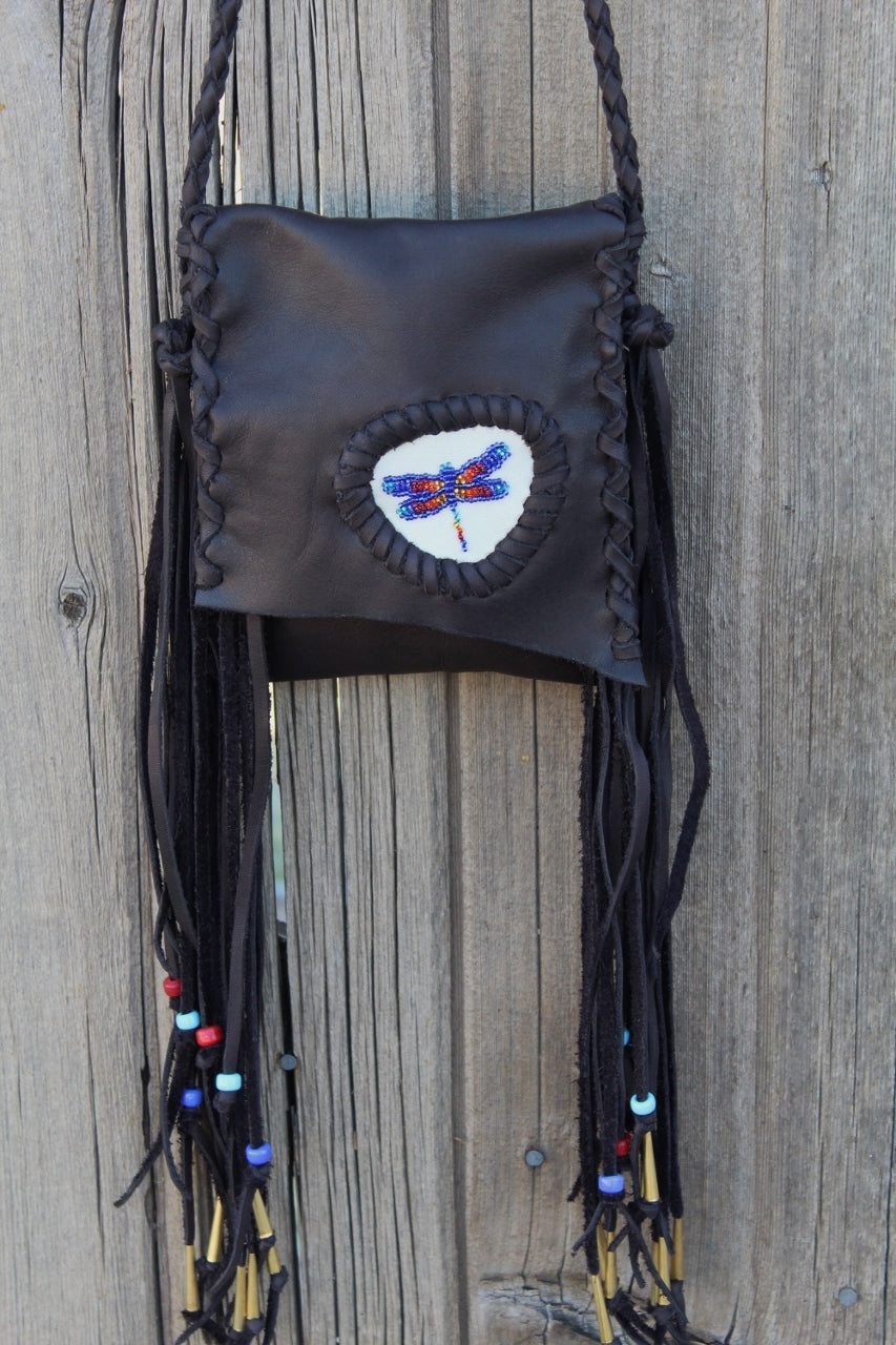 Beaded dragonfly bag, leather phone bag