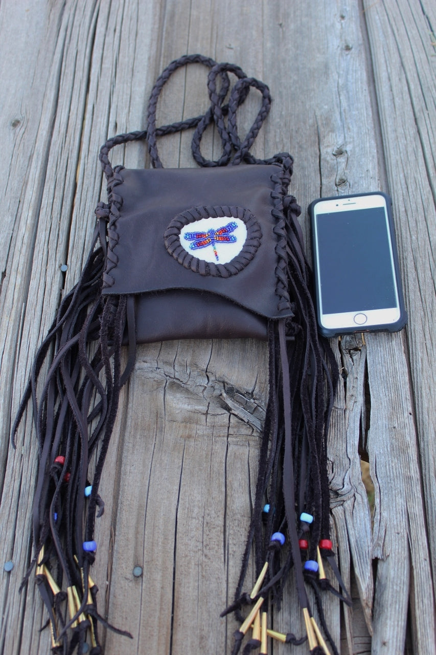 Beaded dragonfly bag, leather phone bag