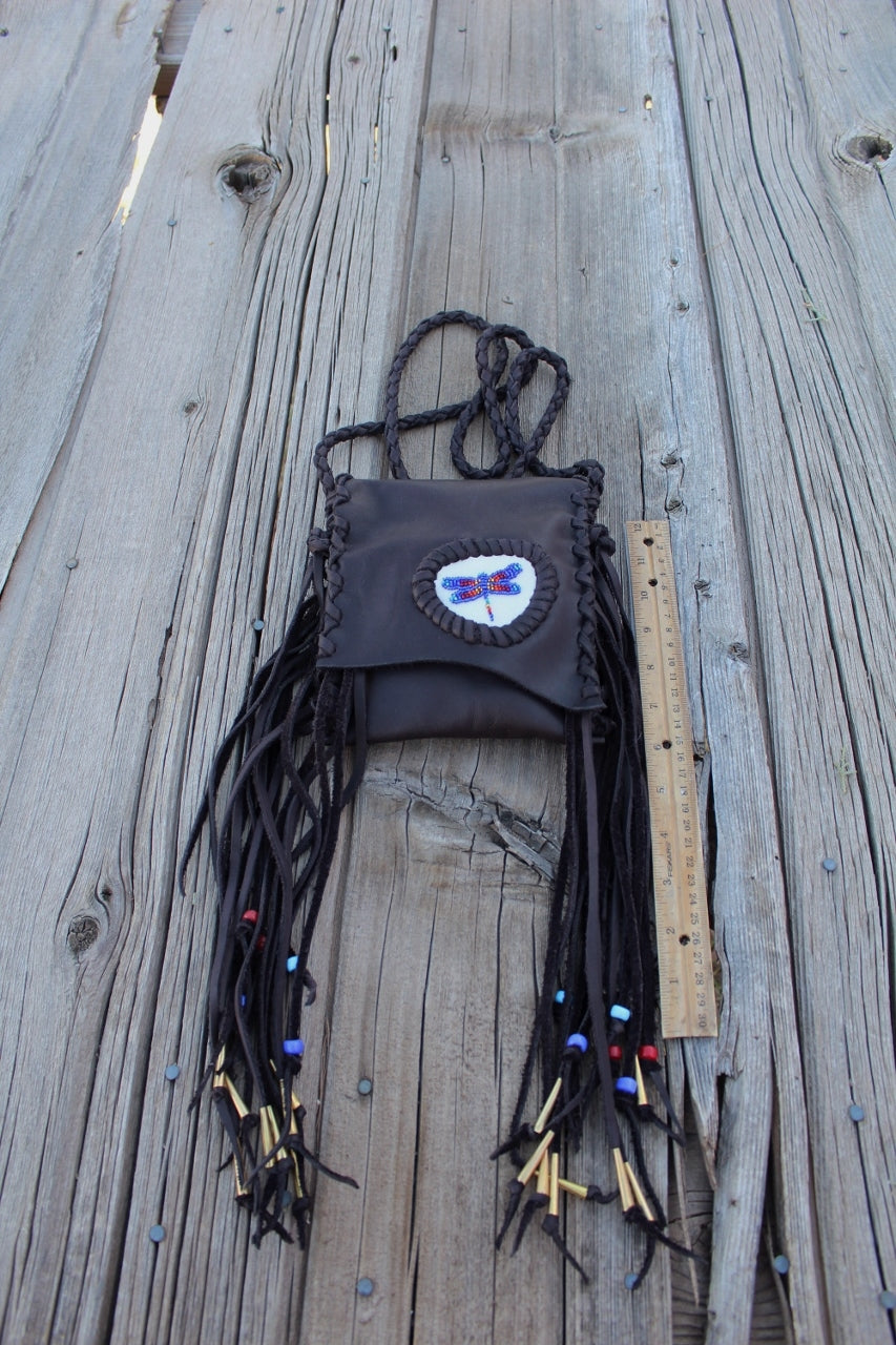 Beaded dragonfly bag, leather phone bag