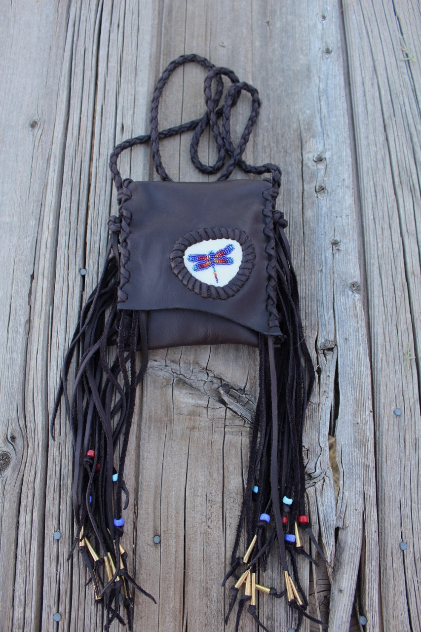 Beaded dragonfly bag, leather phone bag