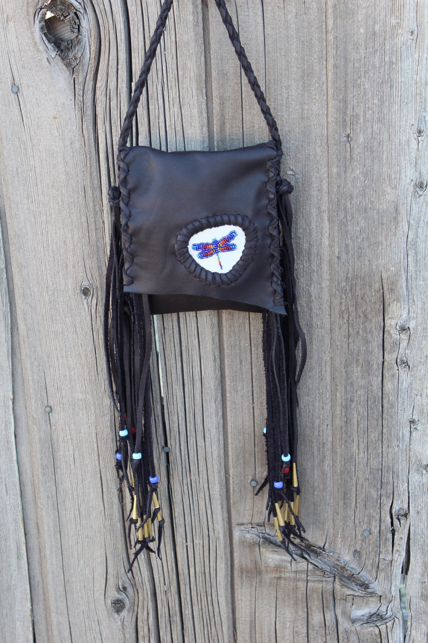 Beaded dragonfly bag, leather phone bag