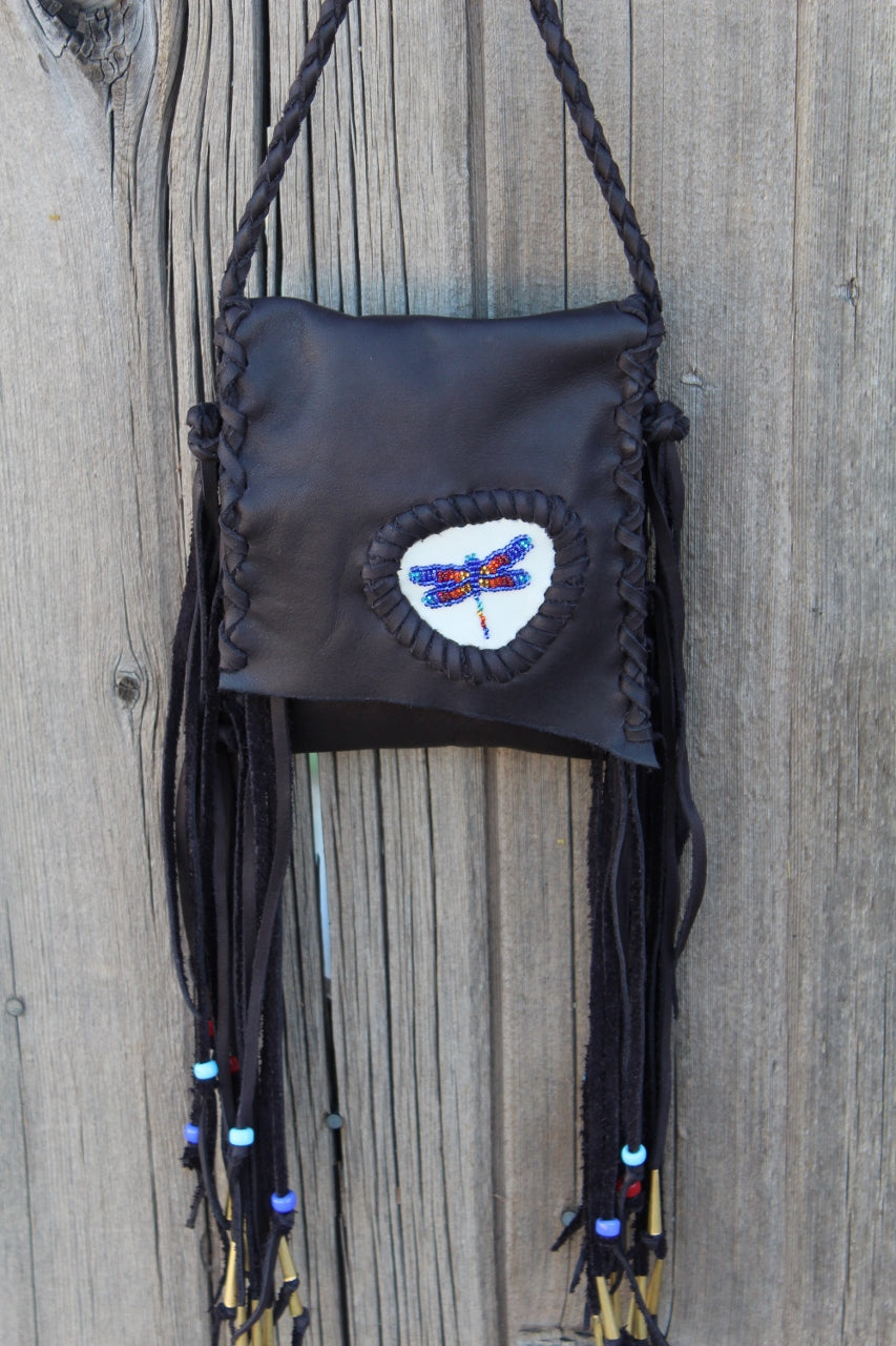 Beaded dragonfly bag, leather phone bag