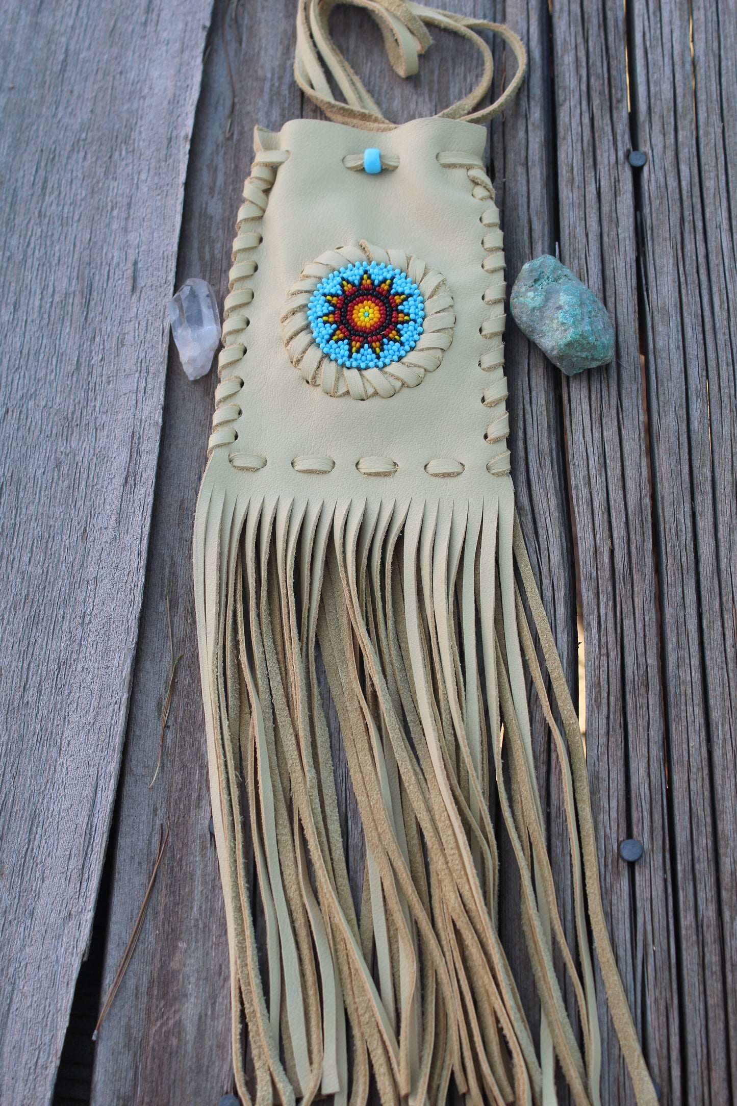 Beaded fringed medicine bag, beaded leather pouch