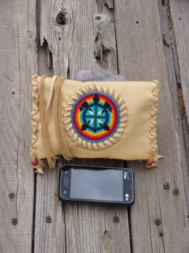 Beaded leather clutch, beaded turtle totem, shamans bag