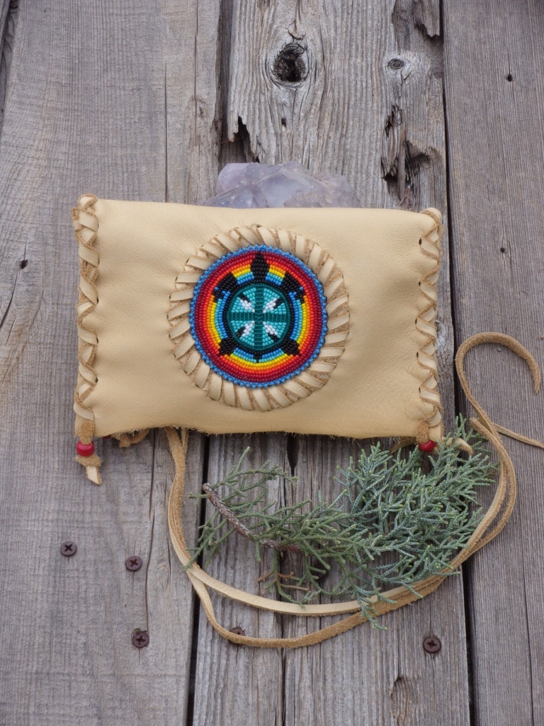 Beaded leather clutch, beaded turtle totem, shamans bag