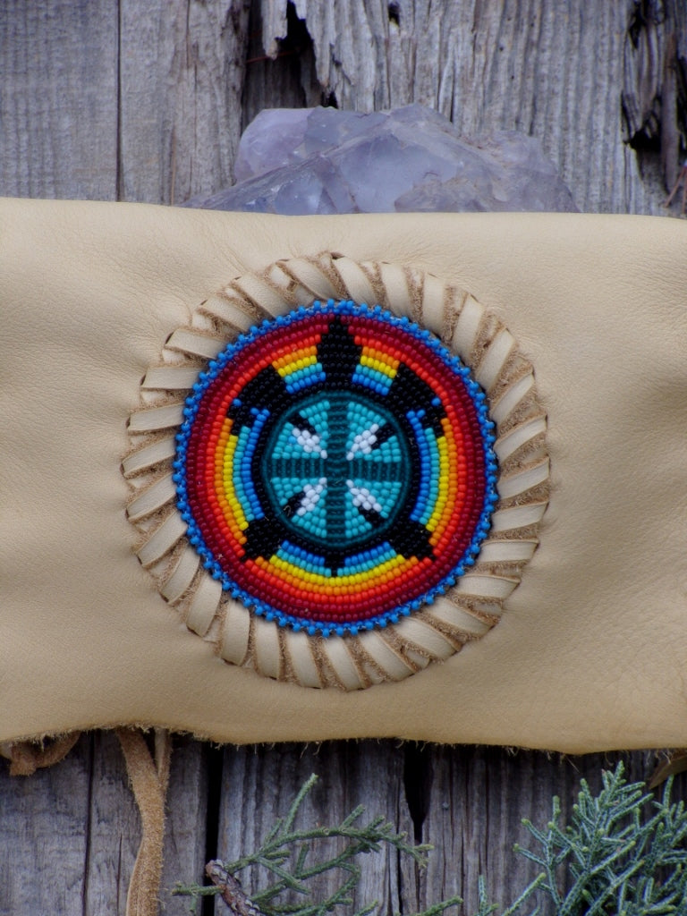 Beaded leather clutch, beaded turtle totem, shamans bag