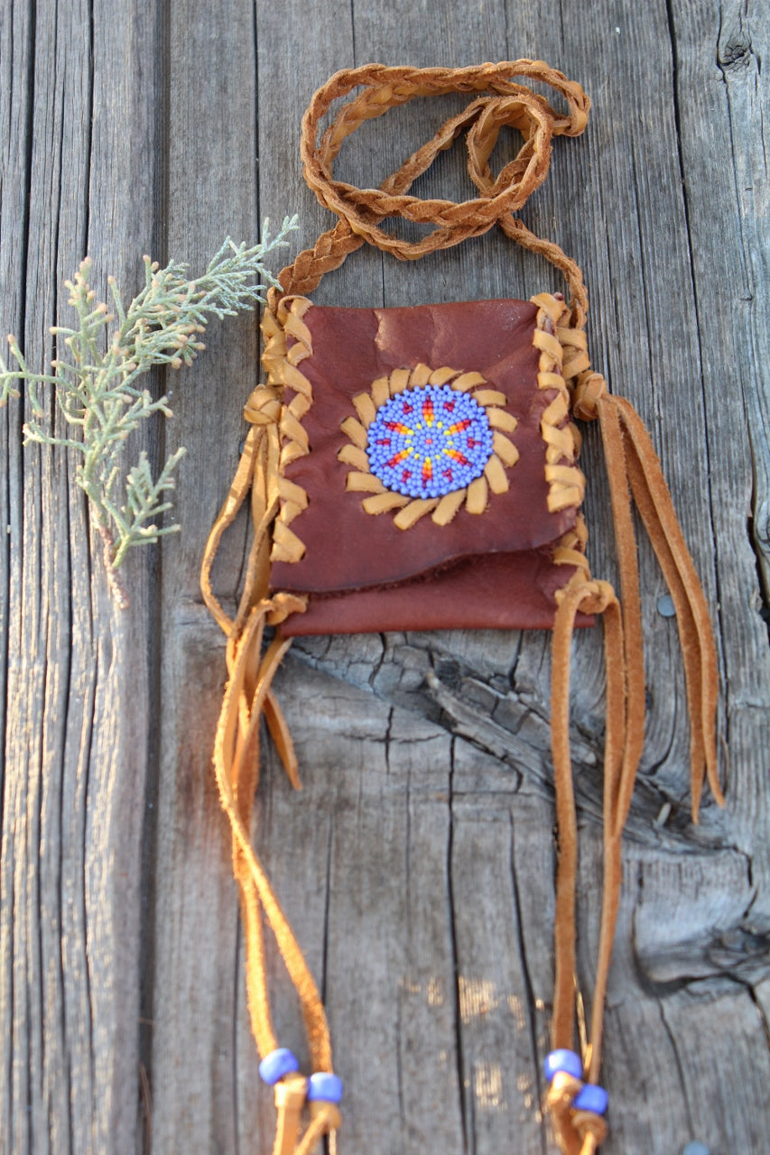 Beaded medicine bag , leather amulet bag