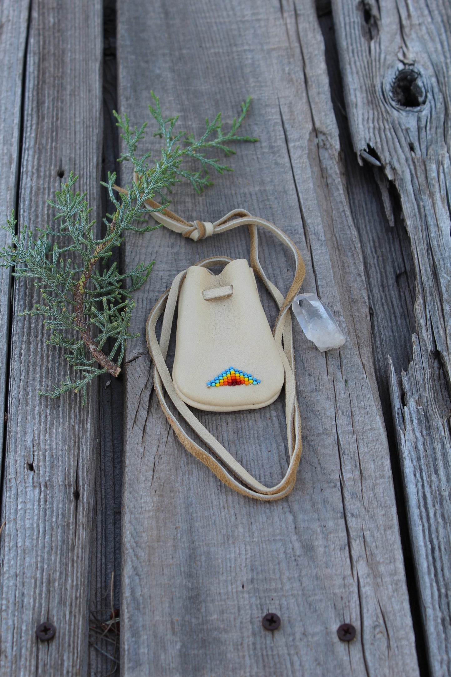 Beaded medicine pouch, leather necklace bag