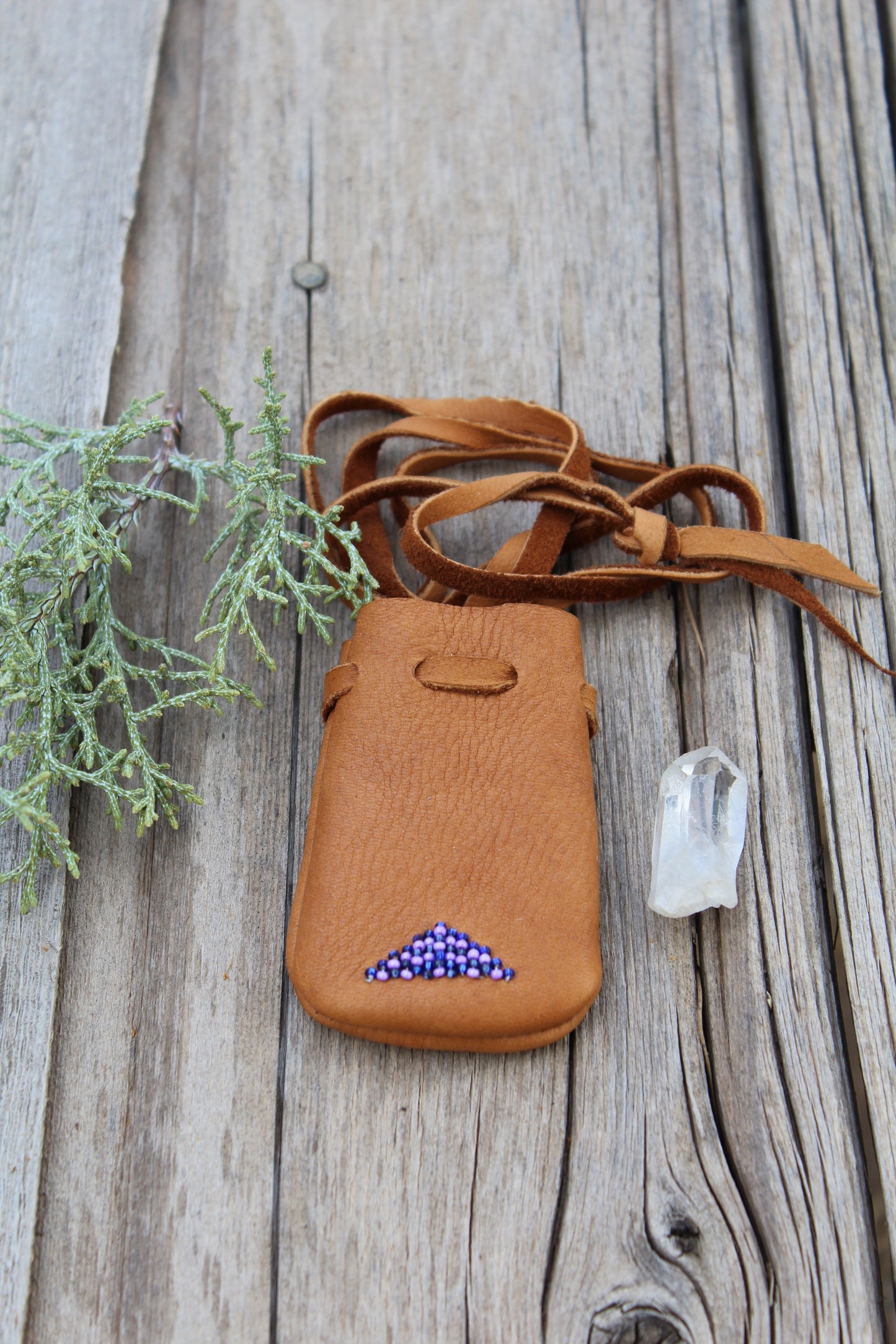 Beaded leather bag, amulet bag, necklace bag