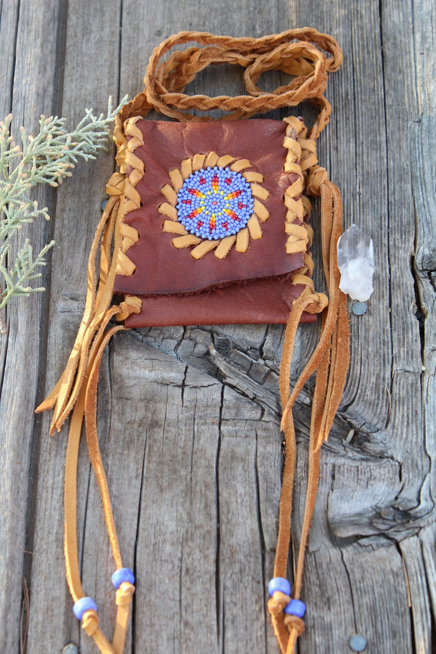 Beaded medicine bag , leather amulet bag