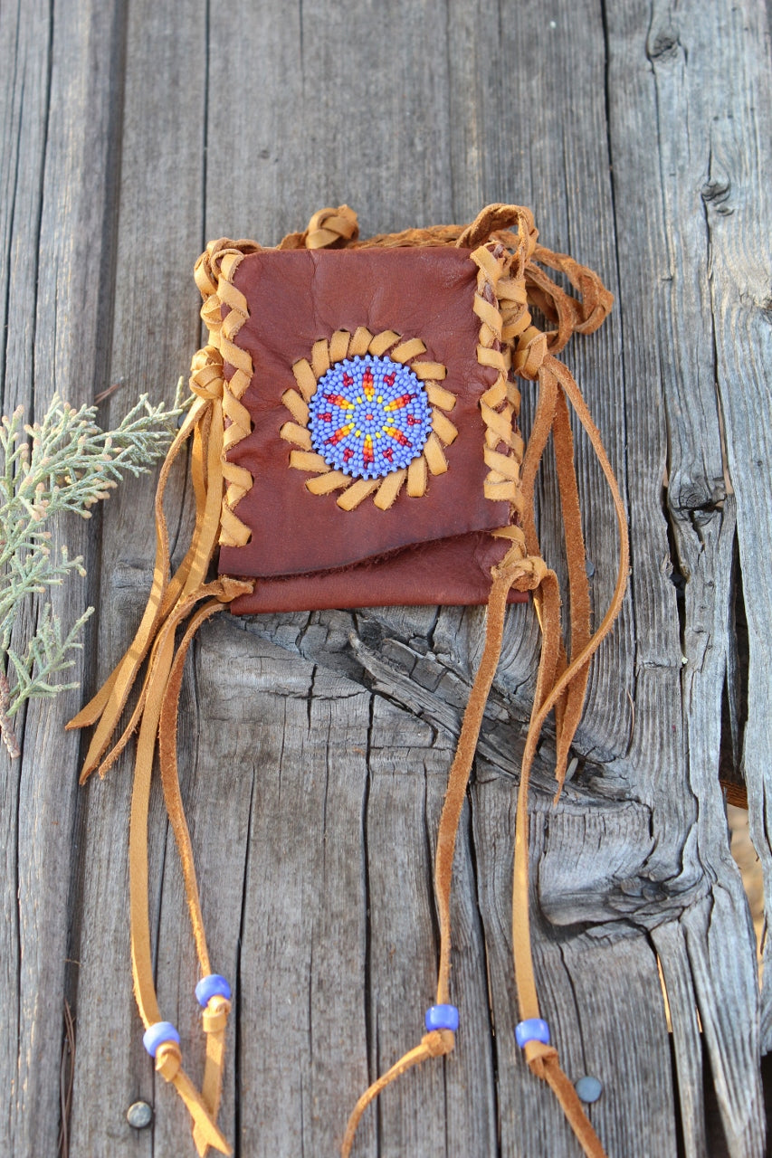 Beaded medicine bag , leather amulet bag