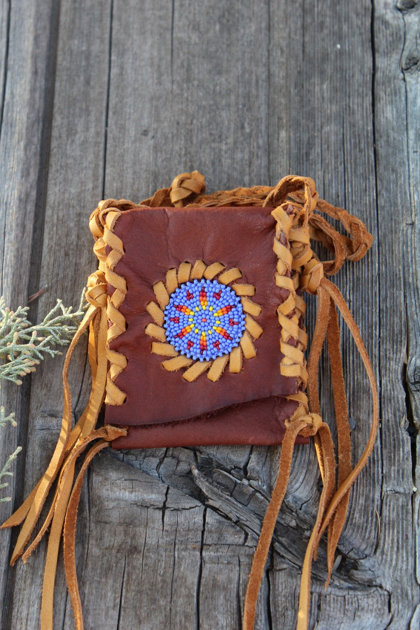 Beaded medicine bag , leather amulet bag