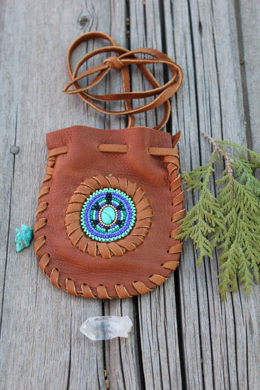 beaded turtle bag with turquoise cabochon
