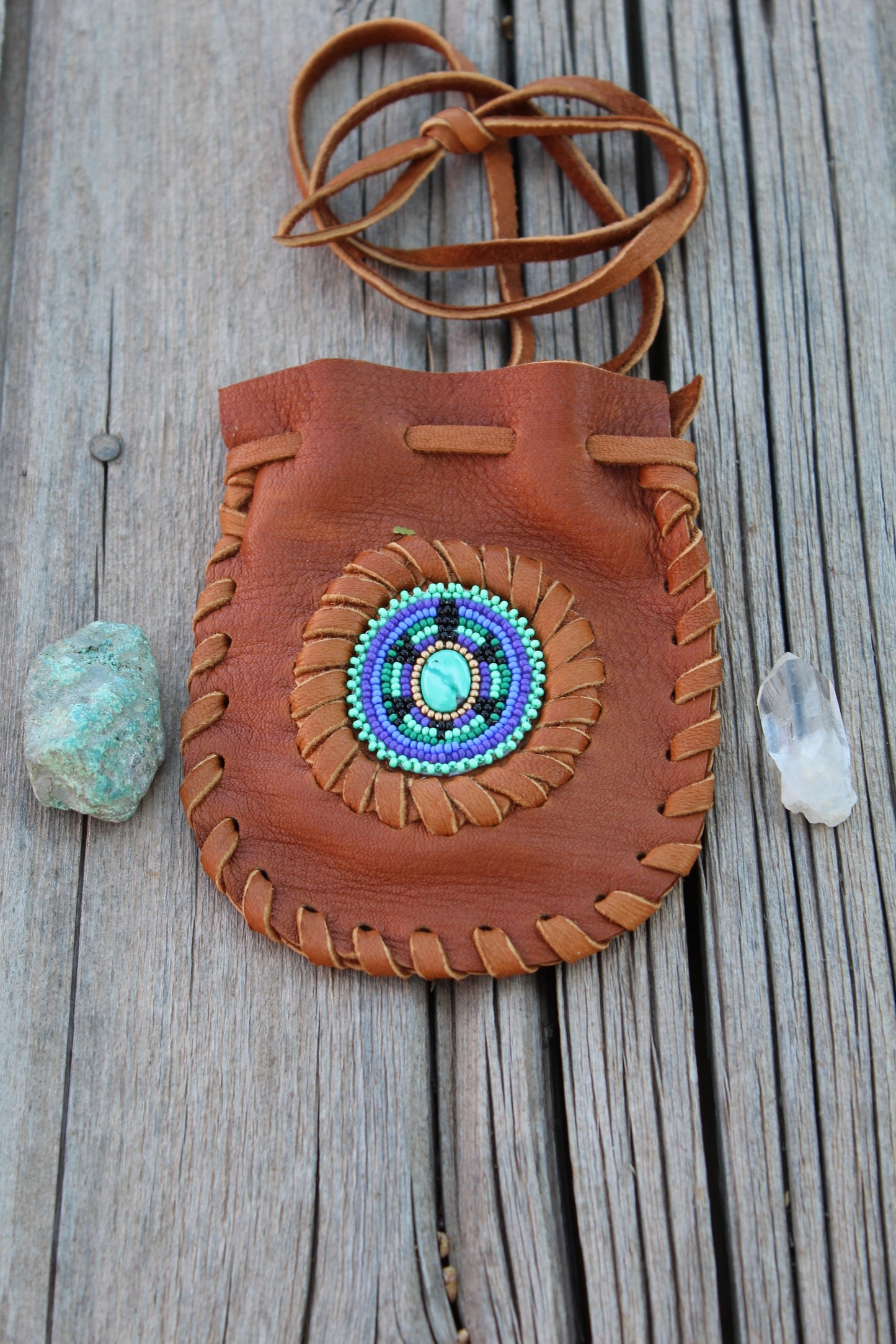beaded turtle bag with turquoise cabochon