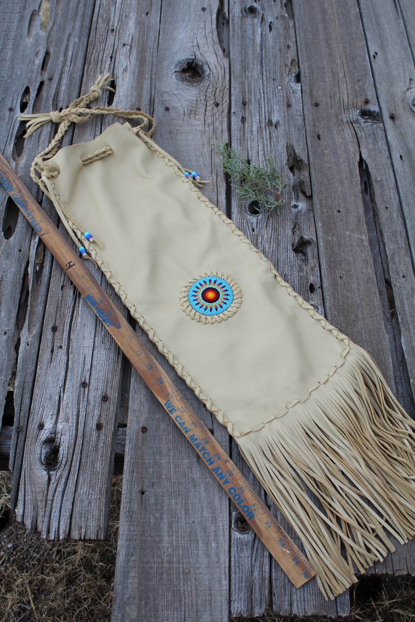 Beaded pipe bag, leather chanupa bag