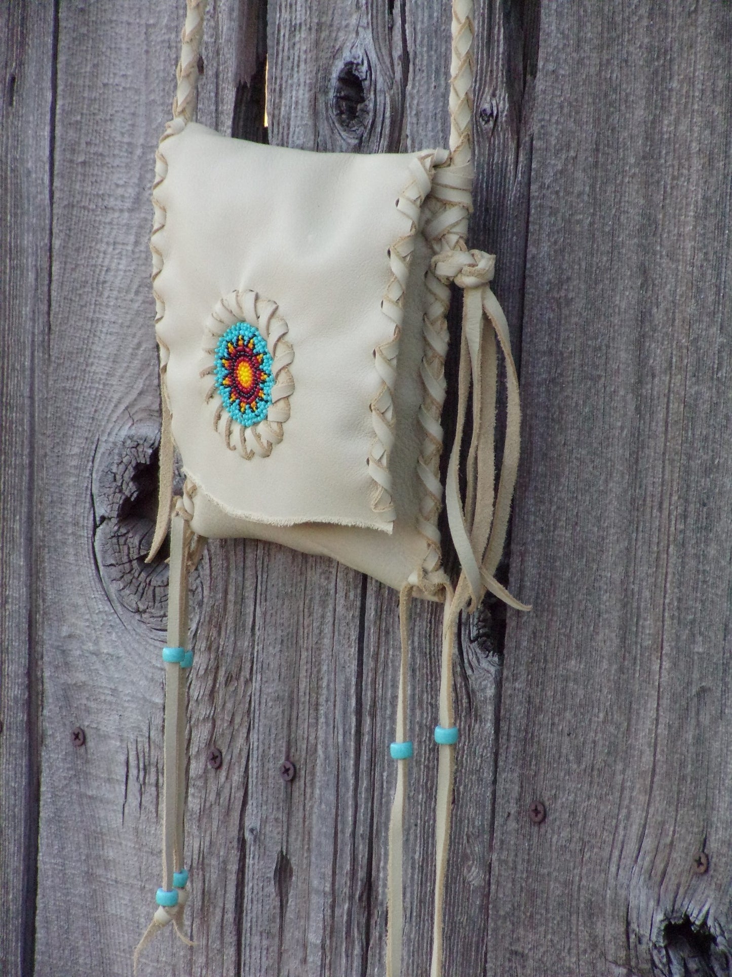 Beaded leather phone bag, small purse