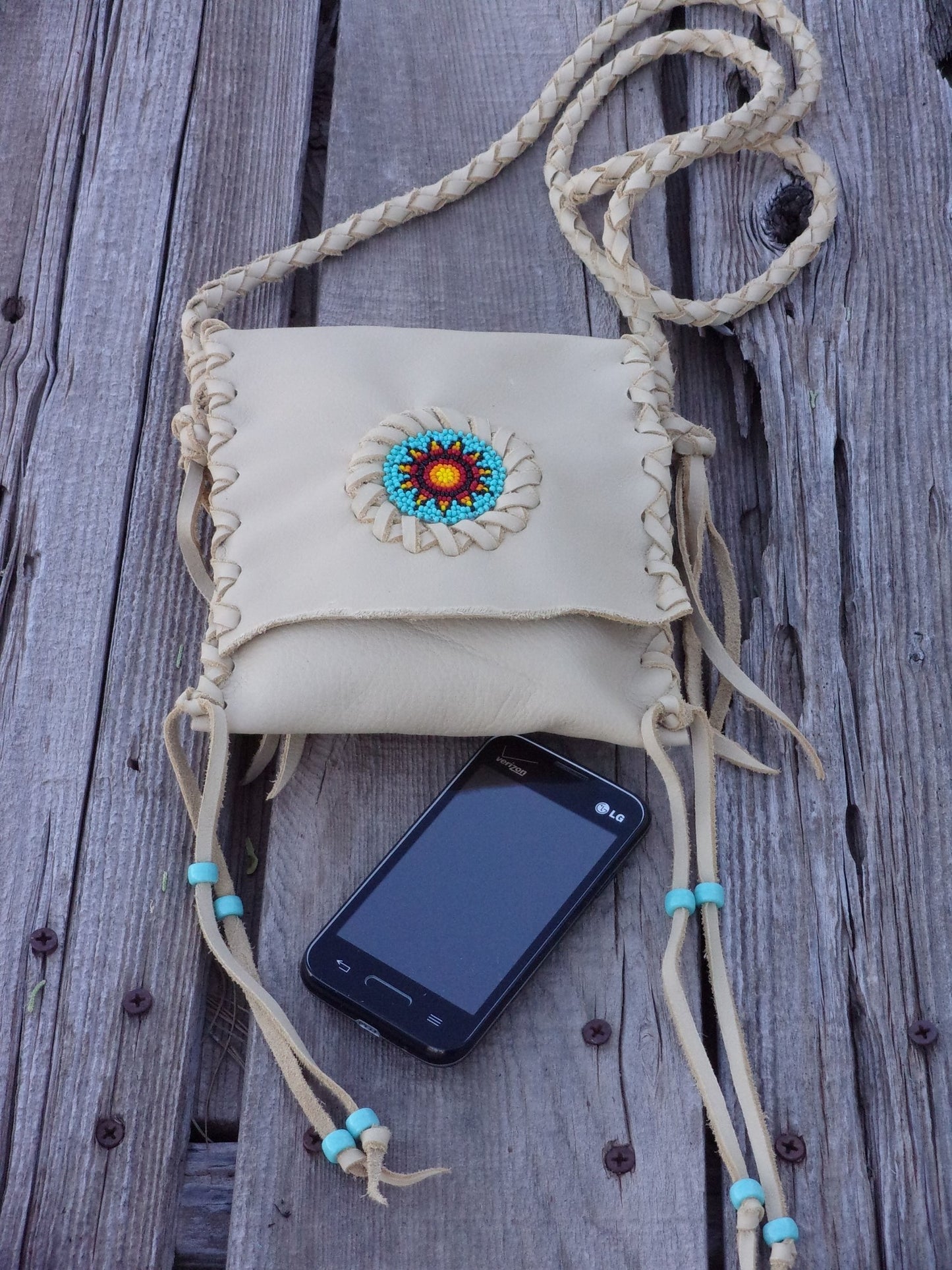 Beaded leather phone bag, small purse