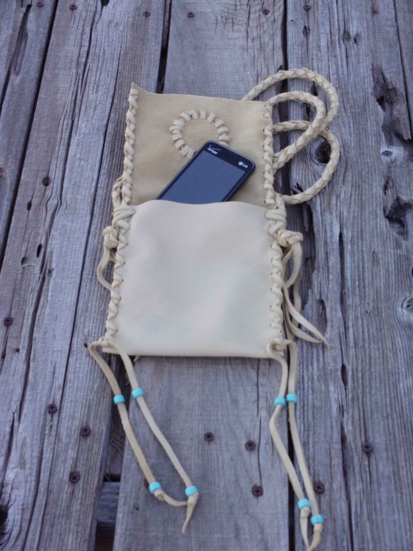 Beaded leather phone bag, small purse