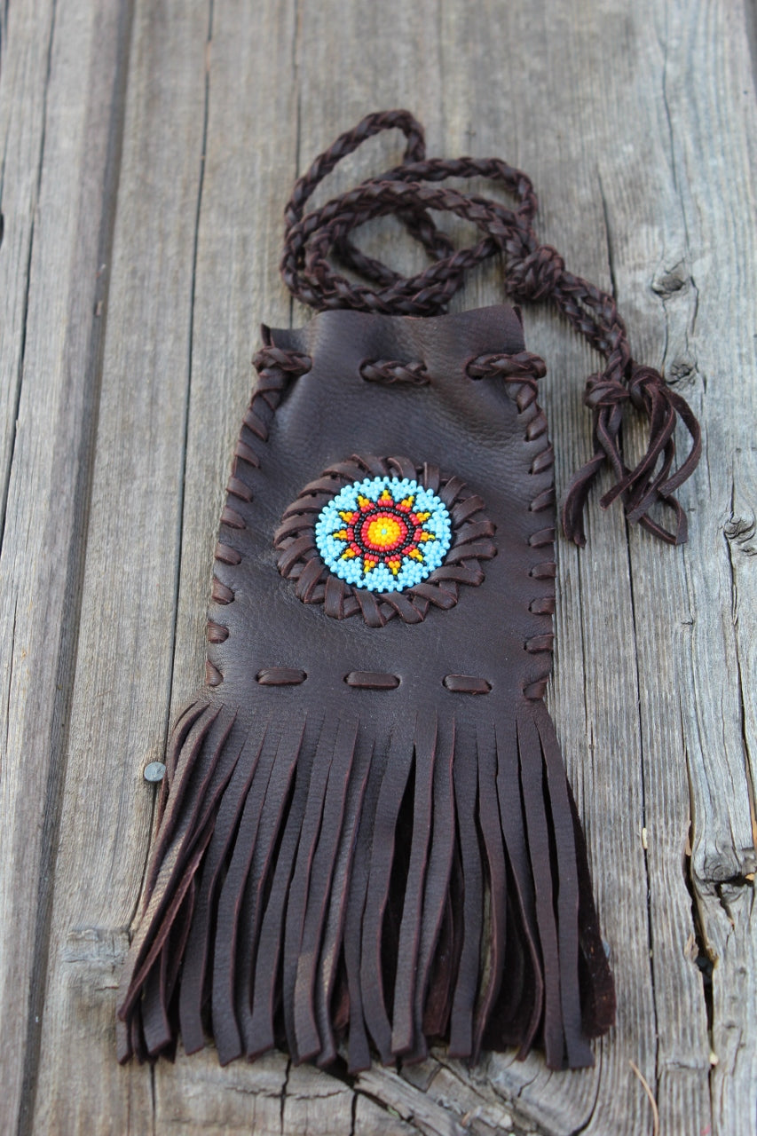 Beaded medicine bag, beaded sunflower necklace bag