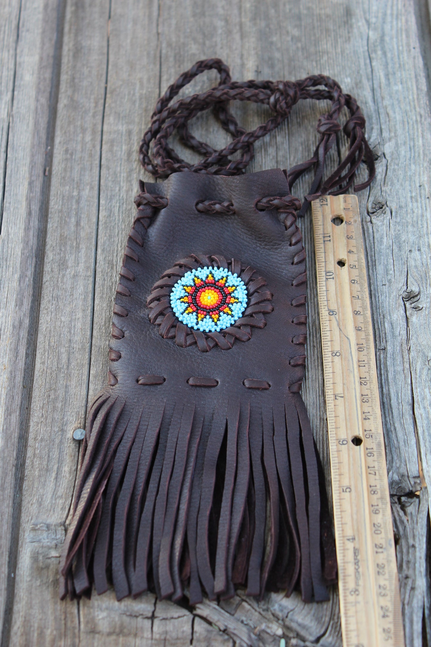 Beaded medicine bag, beaded sunflower necklace bag