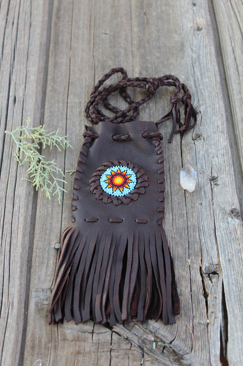 Beaded medicine bag, beaded sunflower necklace bag