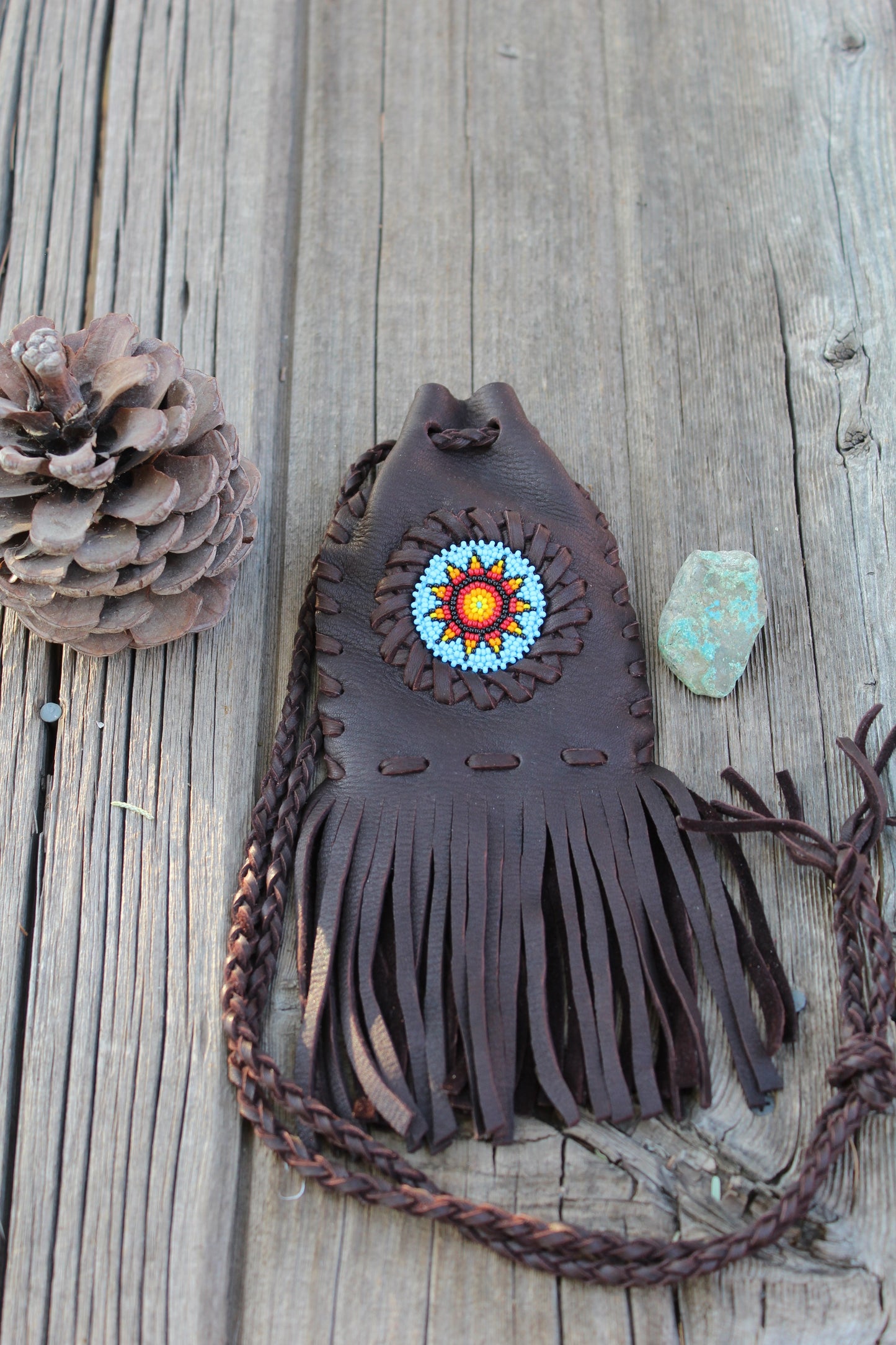 Beaded medicine bag, beaded sunflower necklace bag