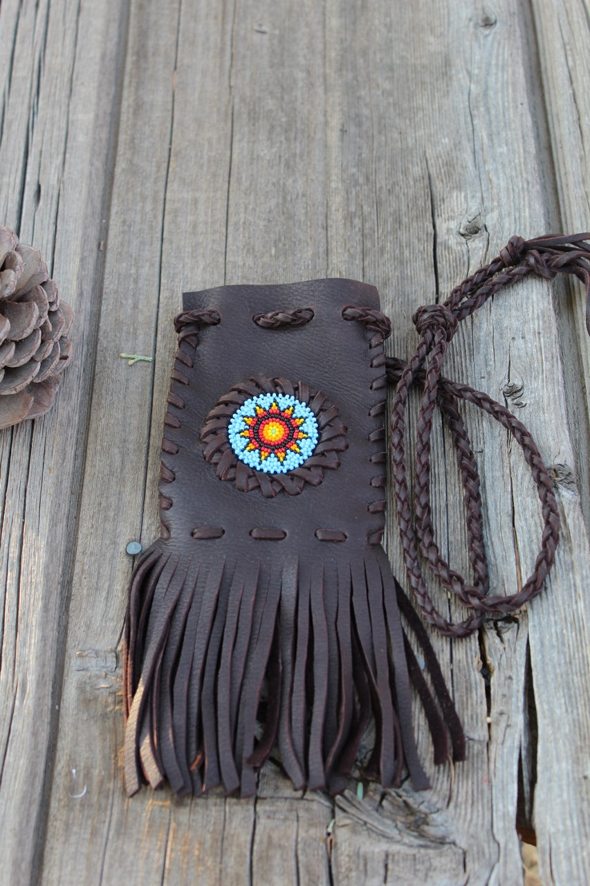 Beaded medicine bag, beaded sunflower necklace bag