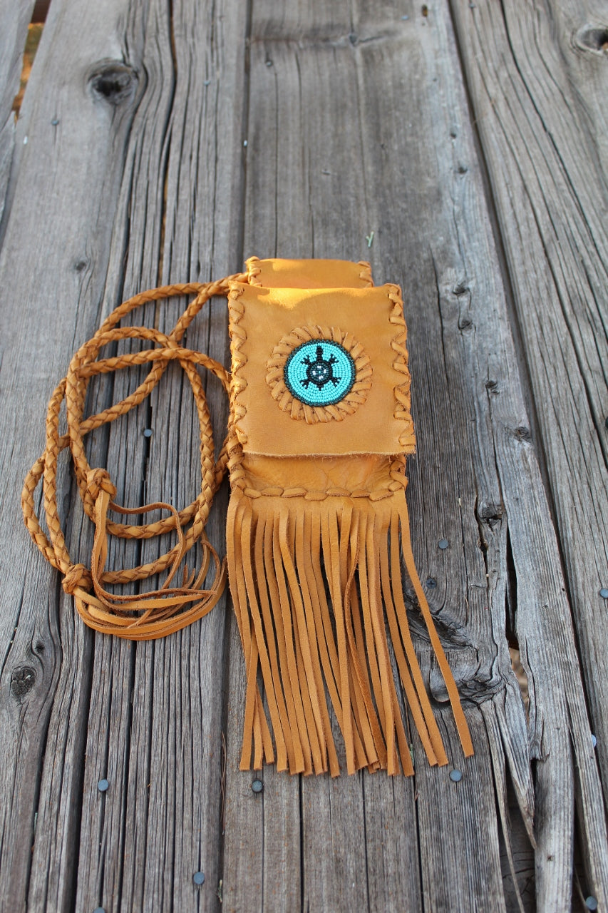 Leather belt bag with beaded turtle, fringed leather phone bag