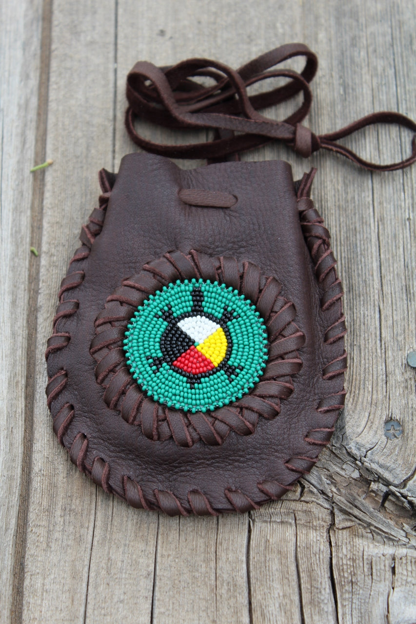 Beaded turtle, four directions medicine bag, leather medicine bag