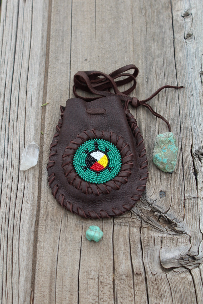 Beaded turtle, four directions medicine bag, leather medicine bag